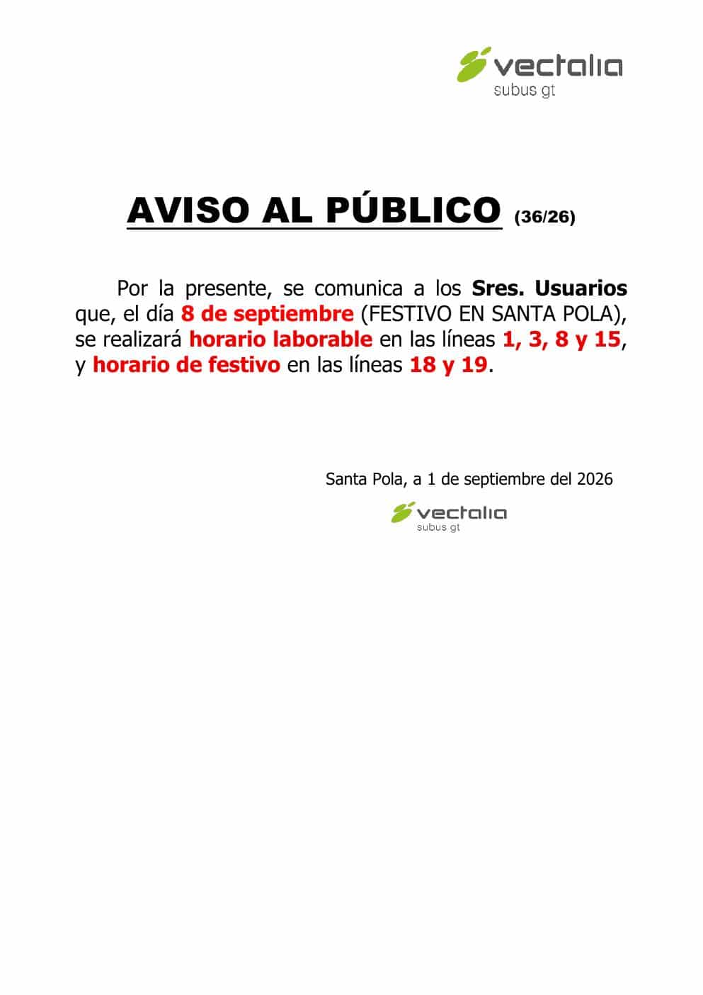 Horarios Especiales dia 08/09/26