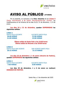 Horarios especiales NAVIDAD línea Santa Pola-Alicante