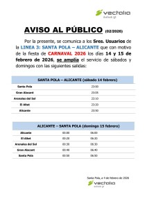 Servicio especial carnaval en la línea 3, Santa Pola-Alicante
